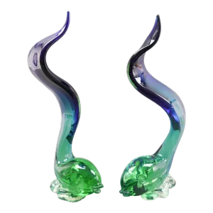 Archimede Seguso Murano Italy Sommerso Art Glass Fish Sculptures- Set of 2