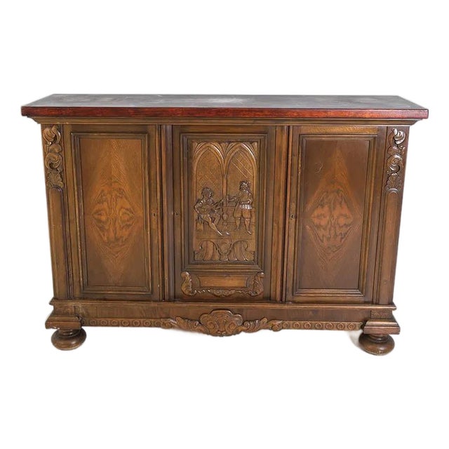 1930s Carved Baroque Style Sideboard / Credenza W Bun Feet For Sale