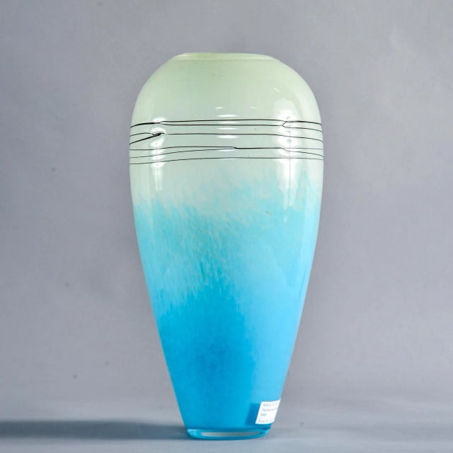 1980s Tall Mid Century Blue and Pale Green Art Glass Vase For Sale - Image 5 of 10