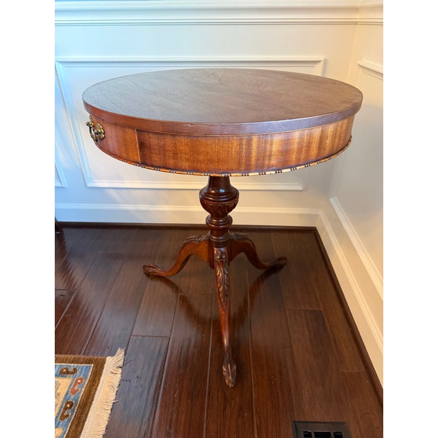 Vintage Chippendale-Style Mahogany Drum Table With Drawer & Claw Feet For Sale - Image 9 of 10