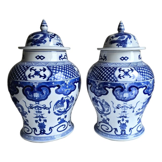 Pair of Early 20th Century Antique Asian Blue & White Temple Jars Phoenix Dragon For Sale