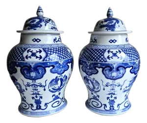 Pair of Early 20th Century Antique Asian Blue & White Temple Jars Phoenix Dragon
