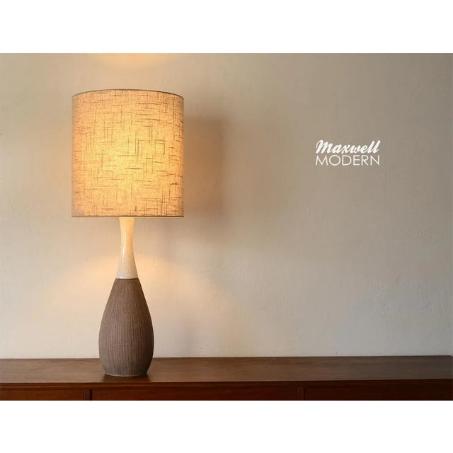 Gorgeous vintage pottery lamp with a vertical stripes sgraffito design on a brown slip (non-glaze surface) and a crackle...