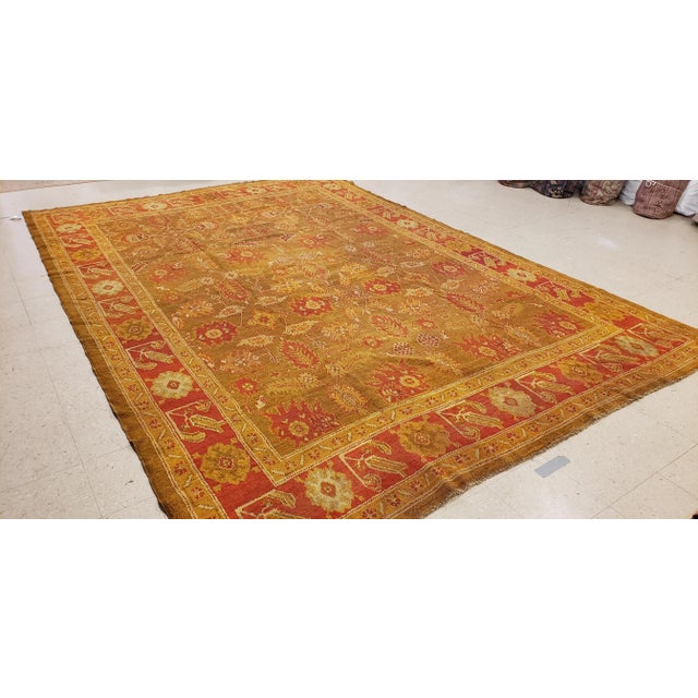 Saffron Antique Oushak Carpet, Oriental Rug, Handmade Green, Saffron, Ivory and Coral For Sale - Image 8 of 11