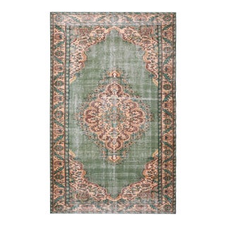 1970s Vintage Handmade Wool Cotton Green Area Rug For Sale