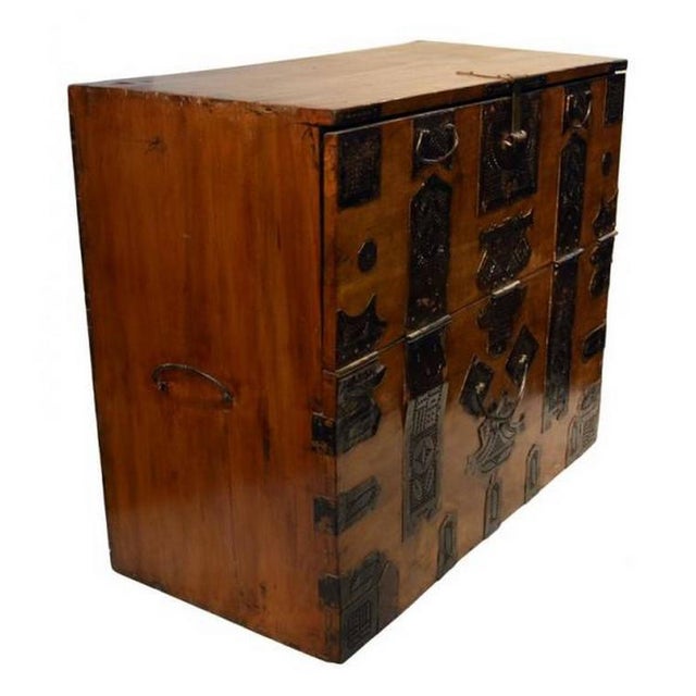 Antique Korean Blanket Chest With Carved Ornate Hardware, 19th Century