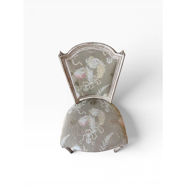 Late 20th Century Pair of Vintage Louis XVI Style Painted Dining Chairs With Sage & Blush Jacquard Upholstery For Sale - Image 5 of 10