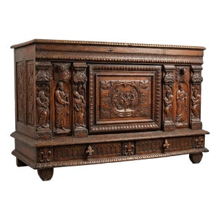 Low Sacristy Sideboard in Carved Oak with 17th Century Elements and 19th Century Alterations For Sale