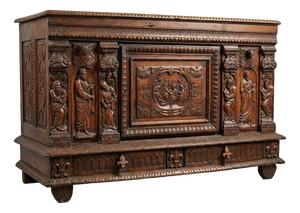 Low Sacristy Sideboard in Carved Oak with 17th Century Elements and 19th Century Alterations