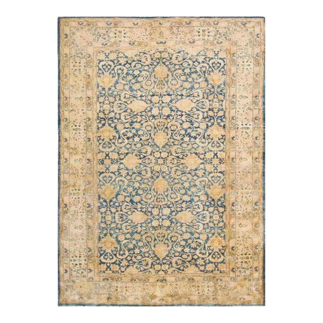 Decorative Cream and Light Blue Color Antique Allover Floral Pattern Tabriz Rug For Sale