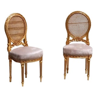French Louis XVI Style Chair Set of 2 – Beige Velvet Upholstery, Cane Back & Gold Leaf Frame For Sale