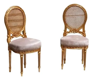 French Louis XVI Style Chair Set of 2 – Beige Velvet Upholstery, Cane Back & Gold Leaf Frame