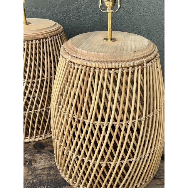 Early 21st Century Vintage Woven Rattan Lamps - A Pair For Sale - Image 5 of 12