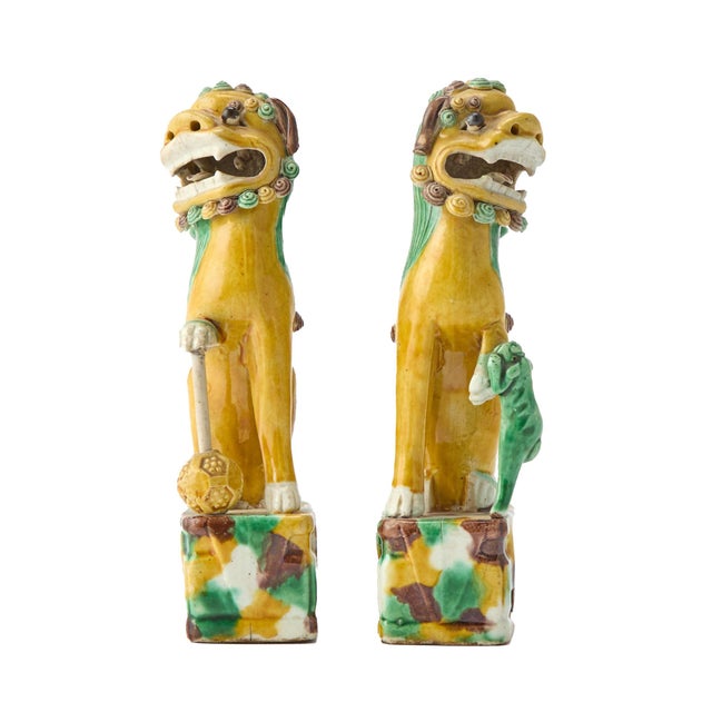 Early 18th Century Sancai Guardians: Pair of Chinese Kangxi Biscuit Porcelain Fu Lions For Sale - Image 5 of 10