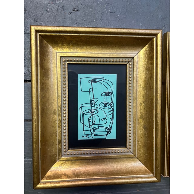 2 original 3 x 5 marker drawings done on vintage turquoise file cards both signed & laid down on black backing size 5 x 7...
