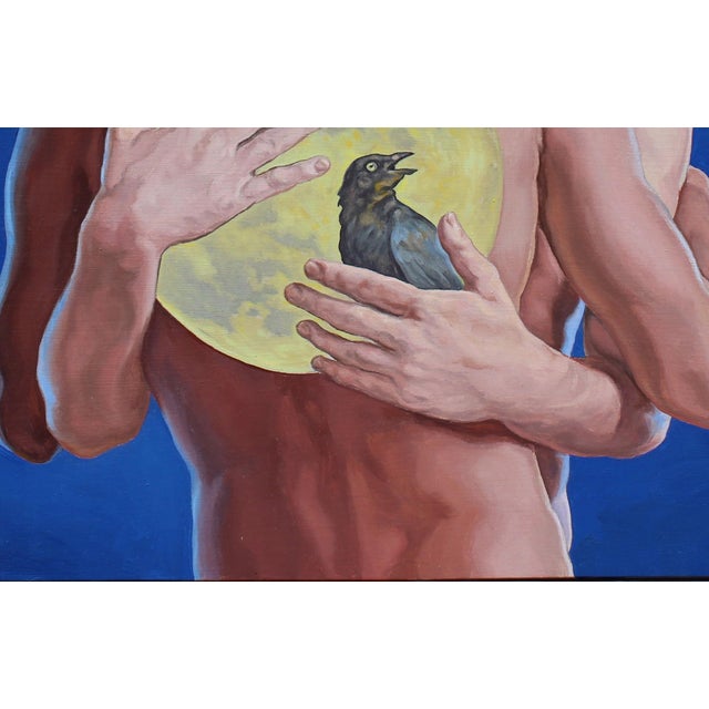 Raven Moon by John Tarantola | Oil Painting of two men embracing with a moon and raven For Sale - Image 4 of 4