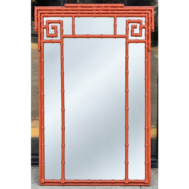 Mid-Century Hollywood Regency Faux Bamboo Greek Key Form Mirror- Burnt Orange For Sale In Atlanta - Image 6 of 6