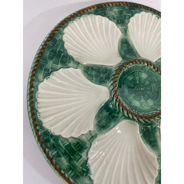 Ceramic Vintage 1950s French Longchamp Green and White Oyster Plate For Sale - Image 7 of 16