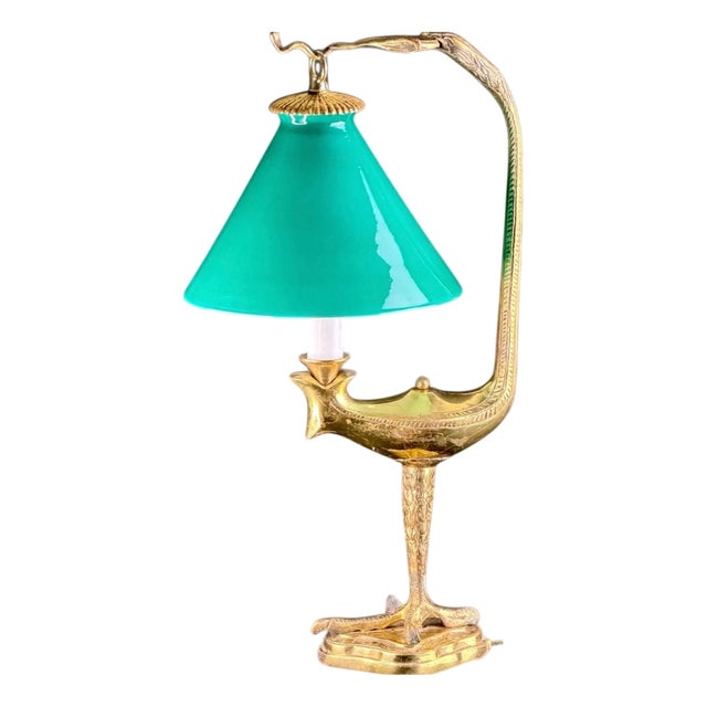 French Gilt Eagle Table Lamp with Emerald-Green Glass Shade, 1920s For Sale