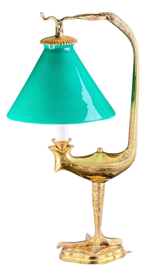 French Gilt Eagle Table Lamp with Emerald-Green Glass Shade, 1920s