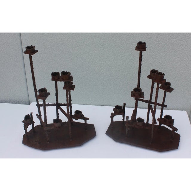 Paul Evans Paul Evans Attributed Welded Steel Brutalist Candlesticks For Sale - Image 4 of 12