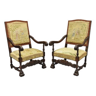 Antique French Louis XIV Style Needlepoint Tapestry Carved Walnut Arm Chair Pair For Sale