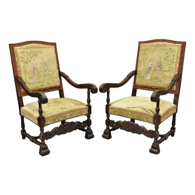 Antique French Louis XIV Style Needlepoint Tapestry Carved Walnut Arm Chair Pair For Sale