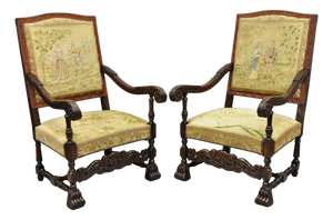 Antique French Louis XIV Style Needlepoint Tapestry Carved Walnut Arm Chair Pair
