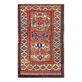 1880s Red Geometric Tribal Antique Caucasian Kazak Rug 4'7"x 6'6" Knotted Wool Carpet For Sale