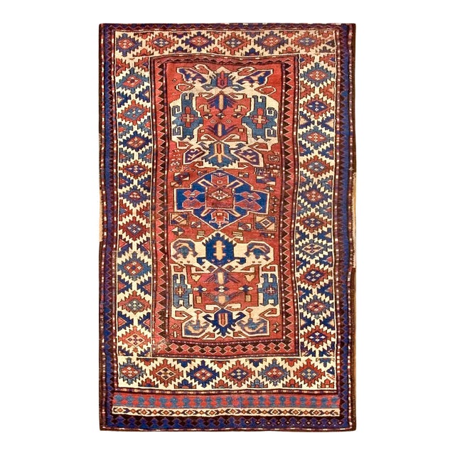 1880s Red Geometric Tribal Antique Caucasian Kazak Rug 4'7"x 6'6" Knotted Wool Carpet For Sale