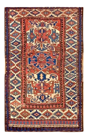 1880s Red Geometric Tribal Antique Caucasian Kazak Rug 4'7"x 6'6" Knotted Wool Carpet