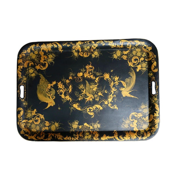 Metal Early 20th Century Tole Tray Coffee Table in Gold and Black with Bird Decoration For Sale - Image 7 of 18