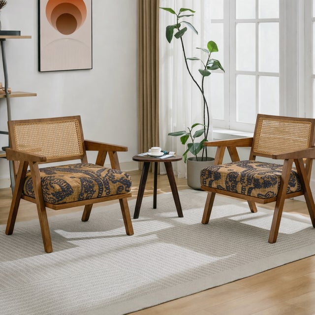 Mid-Century Lounge Chair – Rattan Back, Upholstered In Designer DEDAR Tiger Mountain A jacquard velvet with a strong...