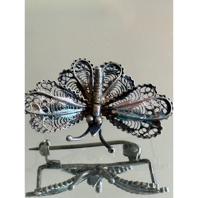 Mid Century Italian 800 Silver Filigree Butterfly Brooch For Sale - Image 9 of 15