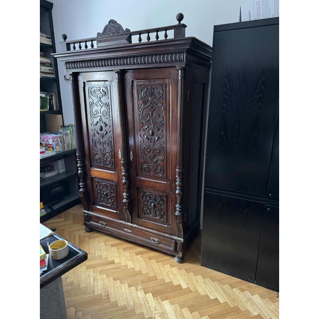 Wood Antique Style Baroque Revival Carved Oak Wardrobe For Sale - Image 7 of 7