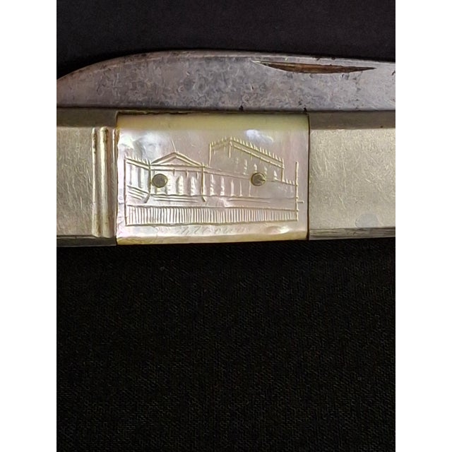 Rare Antique Mother of Pearl Folding Challah Knife Karlsbad Judaica Jerusalem Temple Engraved For Sale - Image 9 of 18