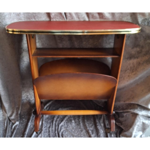 1960s Mid-Century Side Table with Integrated Newspaper Rack in Brown Beechwood with Red Faux Leather Top, 1960s For Sale - Image 5 of 7