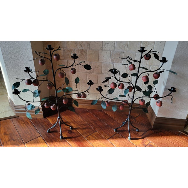 Pair of Mid 20th Century Whimsical Wrought Iron Apple Tree Candle Holders For Sale - Image 9 of 12