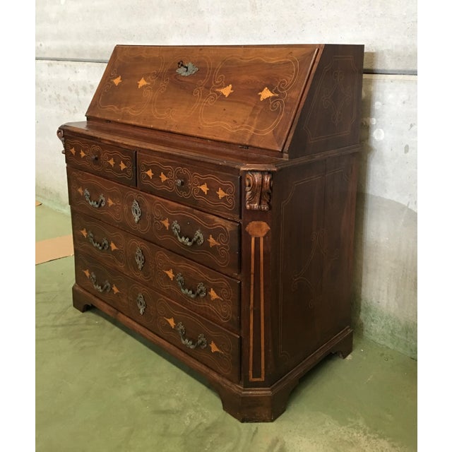 About 18th century Spanish walnut marquetry bureau. This is an exquisite antique Spanish bureau, circa 1780 in date this...
