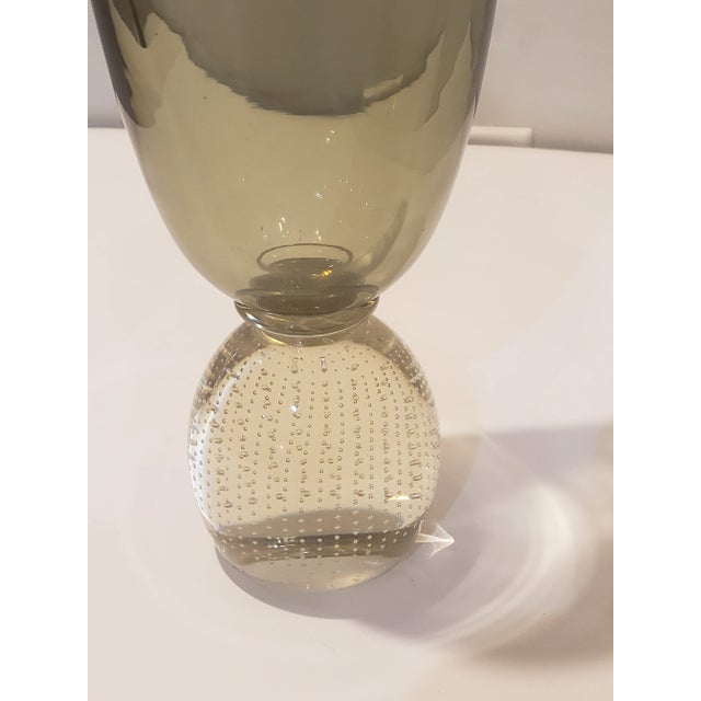 Glass MCM Envelope Vase by Carl Erickson. Smoke Green With Bullicante Base. For Sale - Image 7 of 11