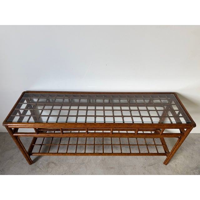 Coastal 1970's Vintage Coastal Geometric Rattan & Glass Top Console Table For Sale - Image 3 of 16