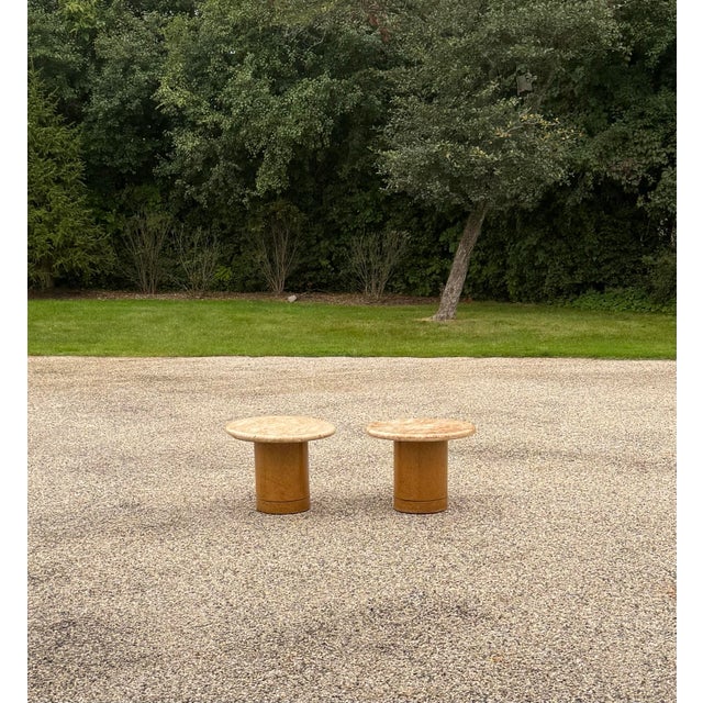 Cream Pair of 1980s Vintage Italian Marble & Burl Side Tables Made for Gucci Chicago Flagship Store For Sale - Image 8 of 9