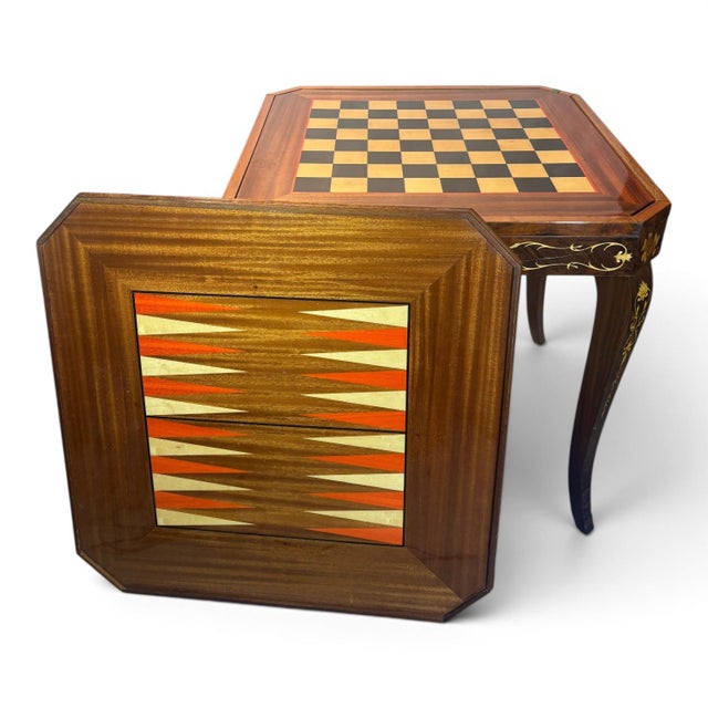 Hollywood Regency Mid 20th Century Italian Inlaid Walnut Marquetry Multi-Game Table )Chess, Backgammon, Roulette, Cards) With All Game Pieces – Home Game Table For Sale - Image 3 of 15