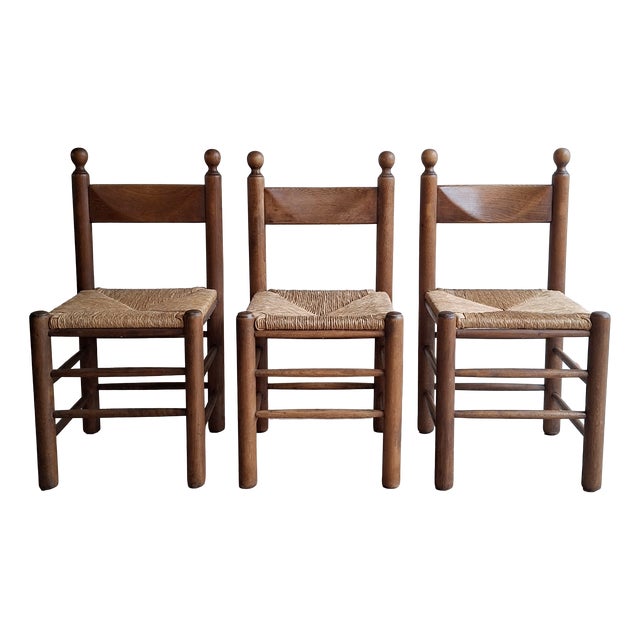 Brutalist Dining Chairs in Wood and Rush, 1970s, Set of 3 For Sale
