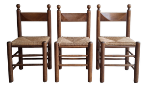 Brutalist Dining Chairs in Wood and Rush, 1970s, Set of 3