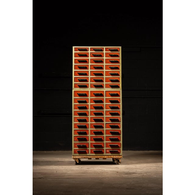 Industrial Vintage 102-Drawer Industrial Wheeled Parts Cabinet For Sale - Image 3 of 12
