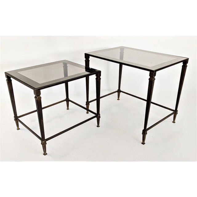 Metal 1960s Hollywood Regency Maison Jansen Bronze and Glass Nesting Tables - 2 Pieces For Sale - Image 7 of 13
