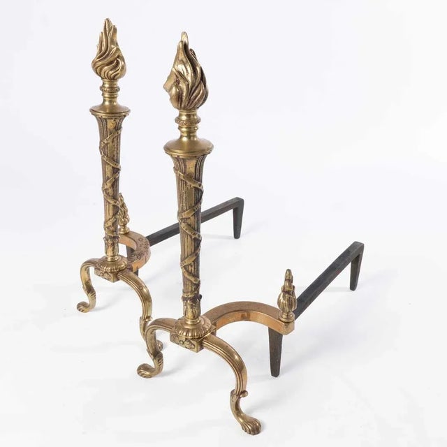 French Antique French Empire Style Brass Andirons With Flame Banded Top- Set of 2 For Sale - Image 3 of 9