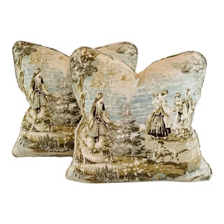 Covington 5th Avenue Designs Aqua Brown Cream Tan "Bosporus" Chinoiserie French Country Tropical Toile Pillow Covers- Pair For Sale