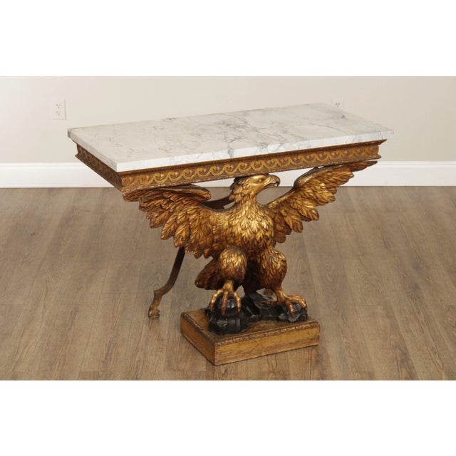Early 20th Century Early 20th Century Regency George II Style Giltwood Carved Eagle Marble Top Consoles - A Pair For Sale - Image 5 of 12